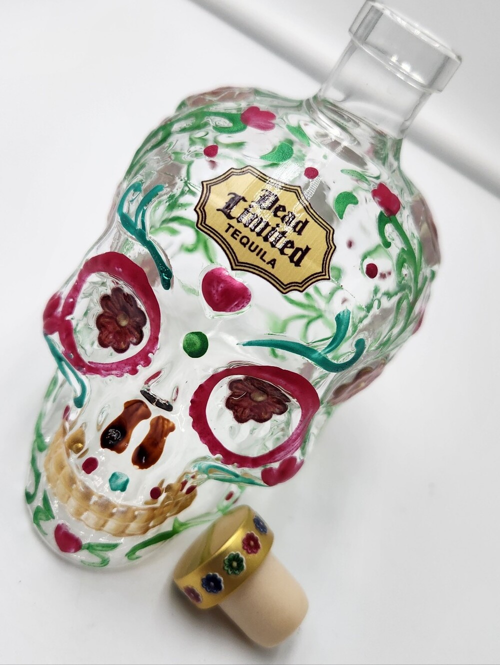 Hand-Painted Skull Tequila Bottle - Clear with Pink & Green Accents